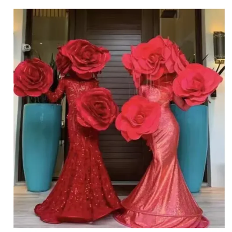 Valentine's Day big red flowers Dress party show dance show DJ female rose interactive gogo