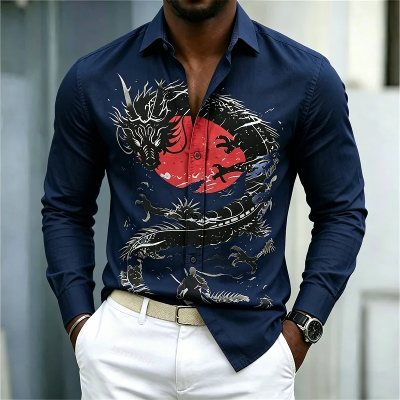 2026 New Men's Shirt White Black Red Contrast Dragon Pattern Shirt Street Style Fashion Casual Business Long Sleeve Men's Wear view 4