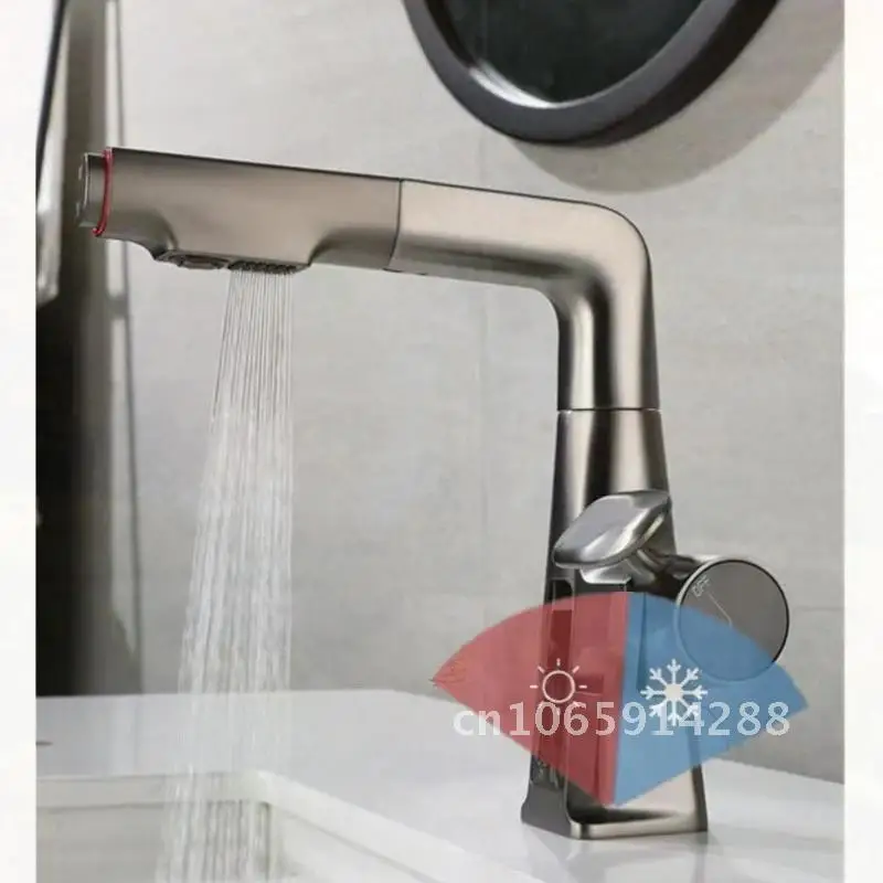 Waterfall Digital Temperature Display Bathroom Basin Faucet Brass Tap Sink And Bathroom Water Cold Pull Out New Mixer Hot