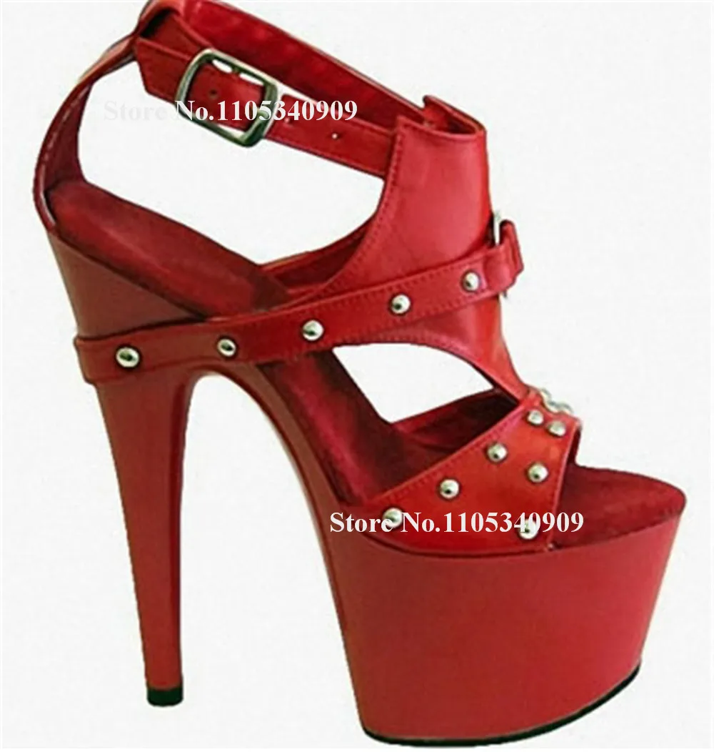 Bondarenko Red Suede Metal Rivets Stiletto Heel Sandals Open Toe Straps Cross High Platform Thin Heel Dance Shoes
