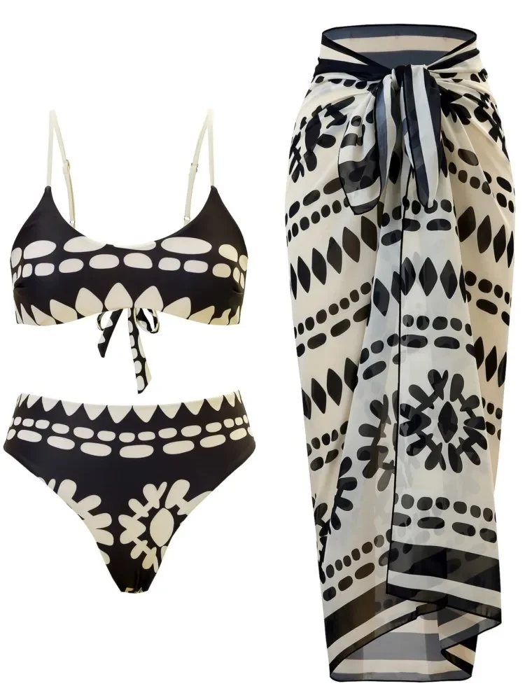 

Bikini Bodysuit Swimwear Women With Skirt Bathing Suit Summer New Ruffle Splice Print Beachwear Holiday Bikini Cover Ups Outfits