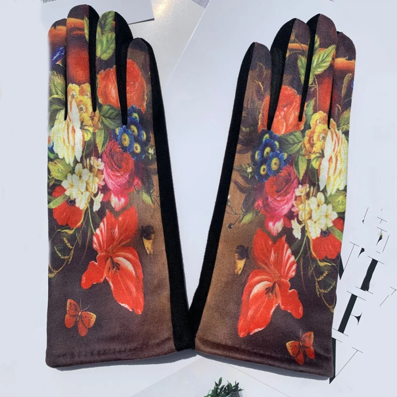 Women Autumn Winter Keep Warm Touch Screen Oil Painting Literary Fashion Personality Gloves Elasticity Drive Cycling Retro Opera