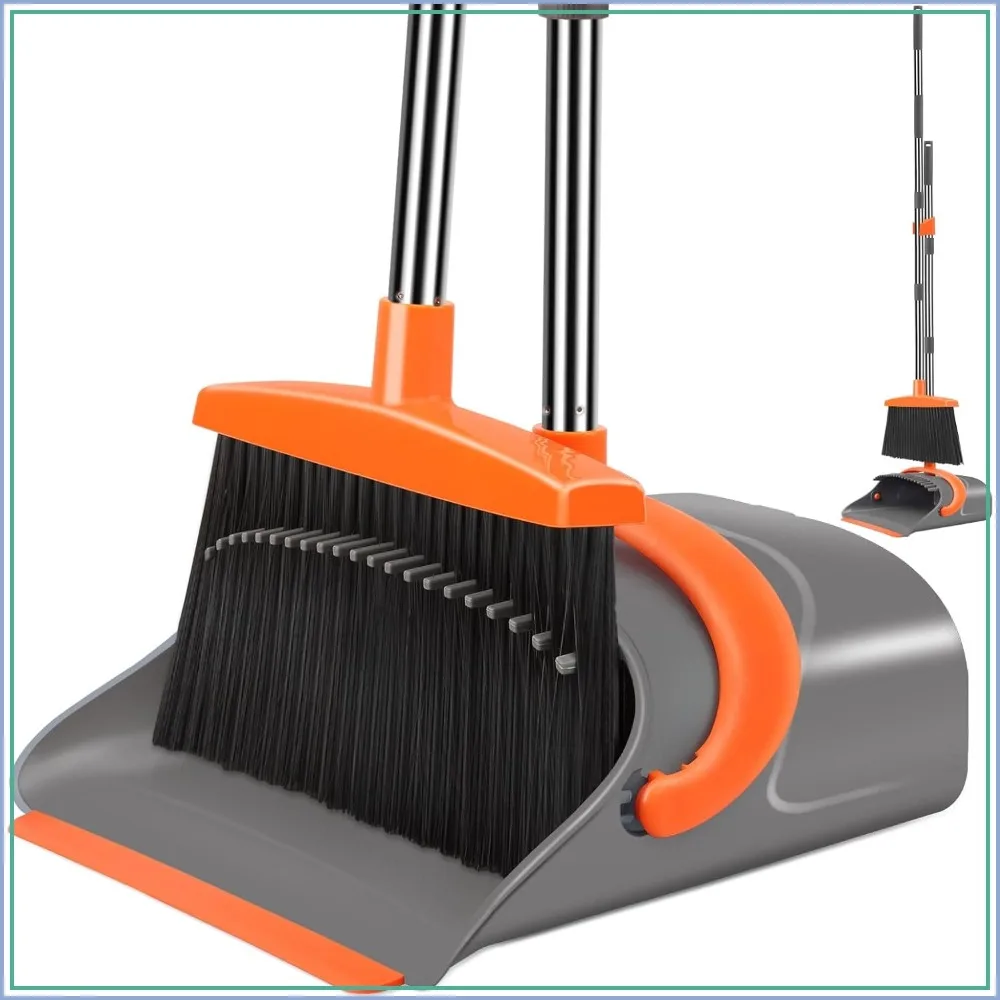 

Long Handle Broom and Dustpan Set for Home Office, Upright Standing Dustpan, Indoor Outdoor Sweeping