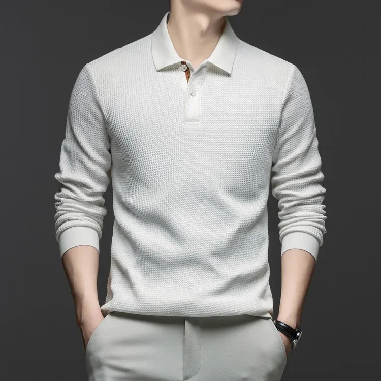 Langarm-Poloshirt aus Waffelstrick – Weiche Baumwollmischung, Slim Fit, Lässiges Business-Oberteil für Herbst und Winter, Mehrfarbig – Detail 19