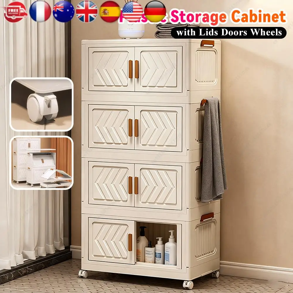 

4 Tier Foldable Storage Bins with Doors Wheels & Lids Stackable Plastic Storage Drawer Organizers for Home Office Dorm Bedroom ﻿