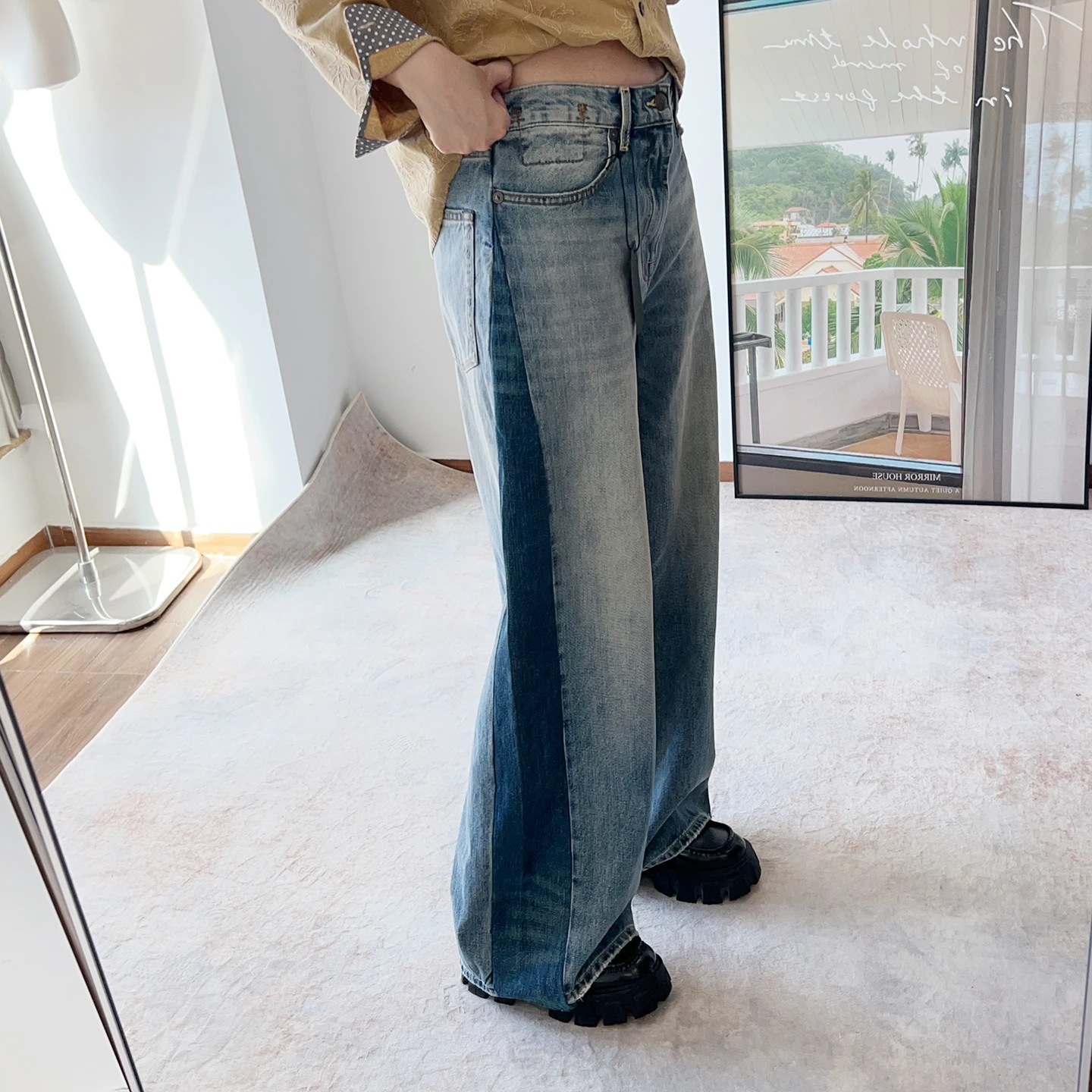 

Retro High Waist Patchwork Denim Pants Women's Loose Drapey Wide Leg Straight Cut Floor-Length Pants Autumn 2025 Early