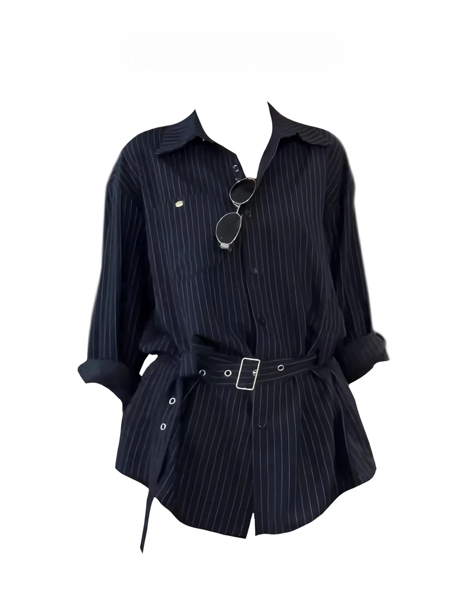 

Korean Design Sense Women's Shirt Loose Slimming Long Sleeve Striped Top Trendy Spring Autumn New Style Waist-Cinching