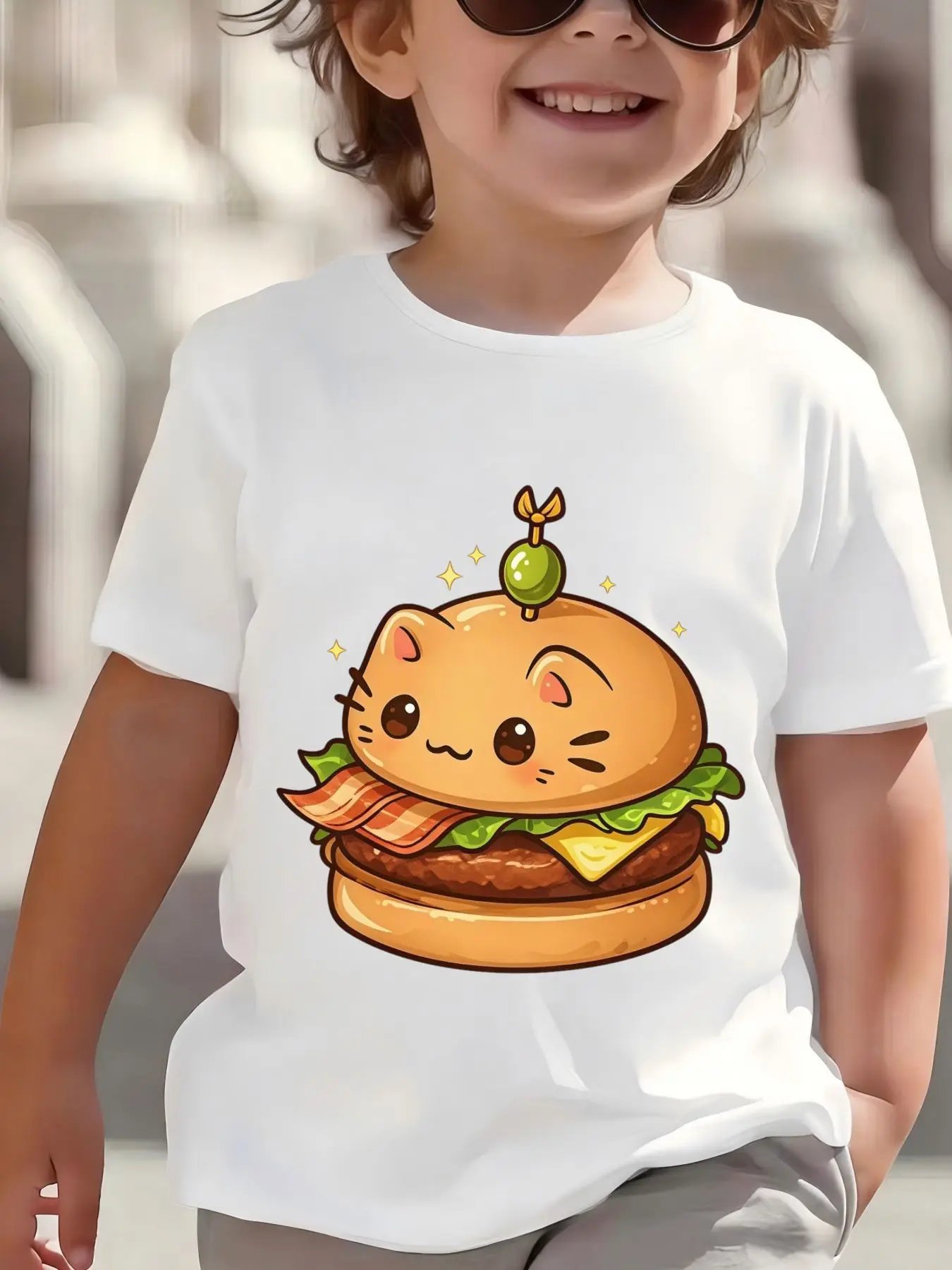 Kids Cute Cat Shaped Burger Food Graphic Tee Boys Girls Family Matching Short Sleeve Lovely Cartoon Casual Daily Wear T Shirt