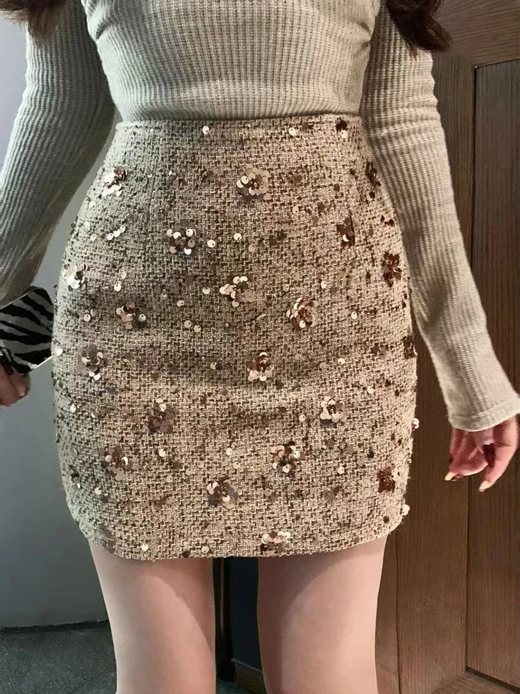 Sexy Pure Desire Knitted A-Line Straight Skirt Women's Early Spring New Slimming Heavy Bright Sequin High Waist Bodycon Skirt