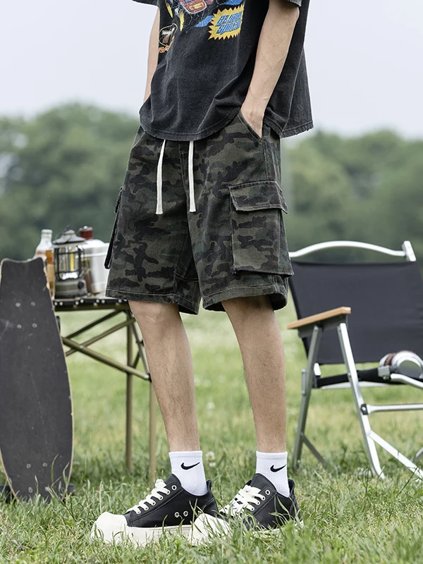 

Модные камуфляжные джинсовые шорты для мужчин, летняя рабочая одежда, повседневные джинсы свободного прямого кроя с завязками, для подростков, модные