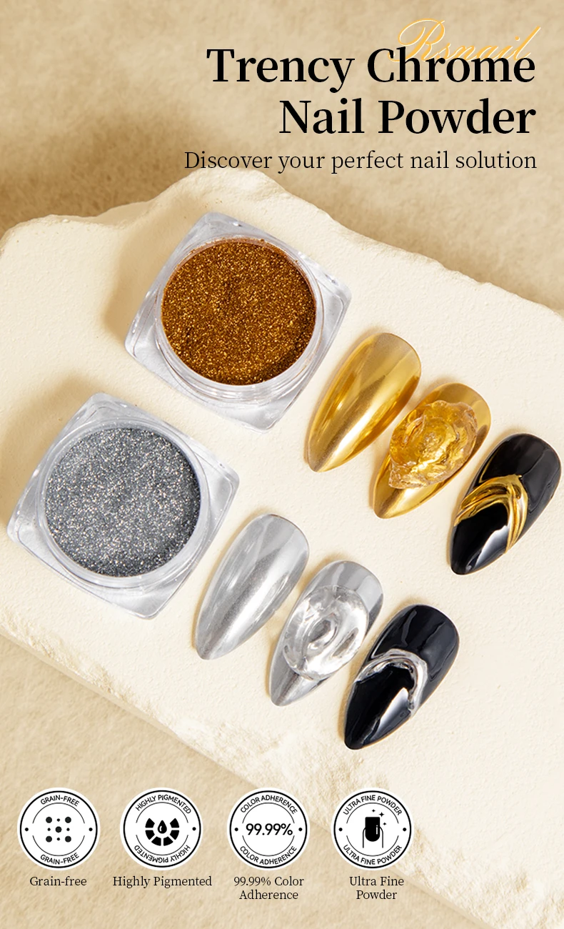 RS Chrom-Nagelpulver, holografischer magischer Spiegel, metallisch, golden, silbrig, reibend, Nagelkunst, Glitzerstaub für Nageldesign-Dekoration – Detail 1
