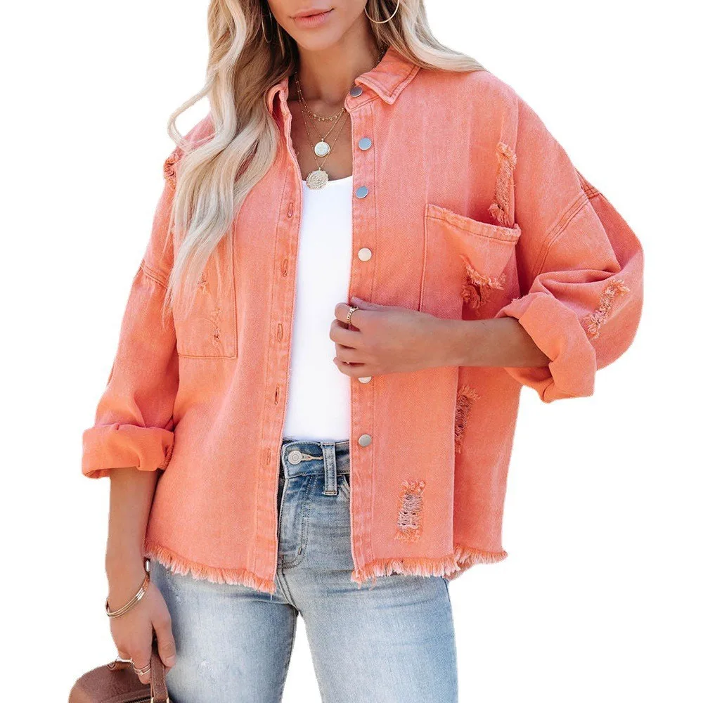 

Europe and The United States Hot Sale Washed Old Tassel Holes Loose Jacket , Women's Street Orange Denim Coat Multi-color Retro