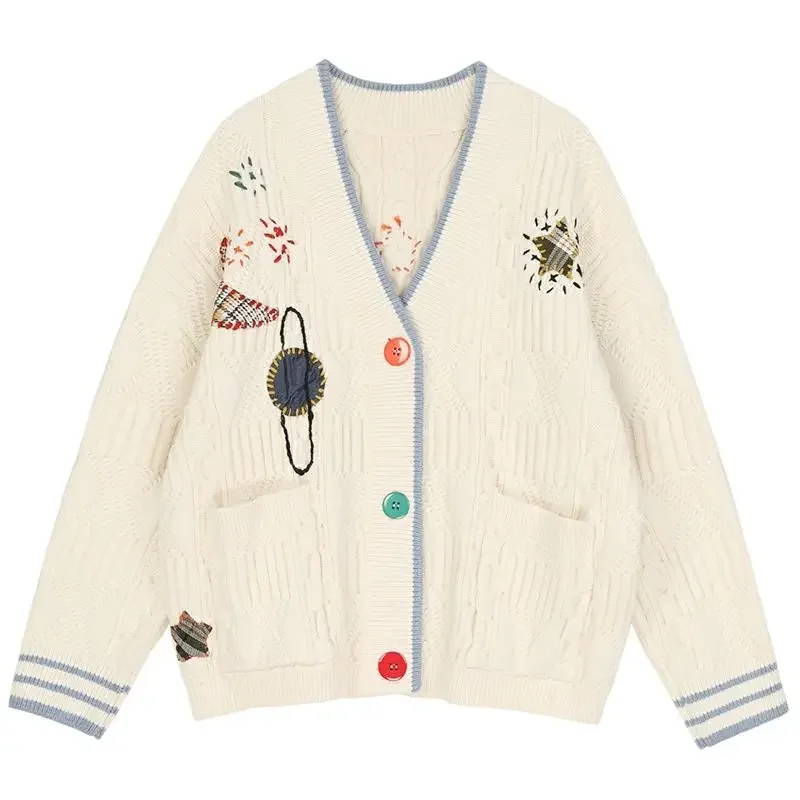 Vintage Cardigan Sweater Women Buttons Autumn Winter Embroidery Stitching Knitted Sweater Female Long Slevee 2021 Woman Tops New