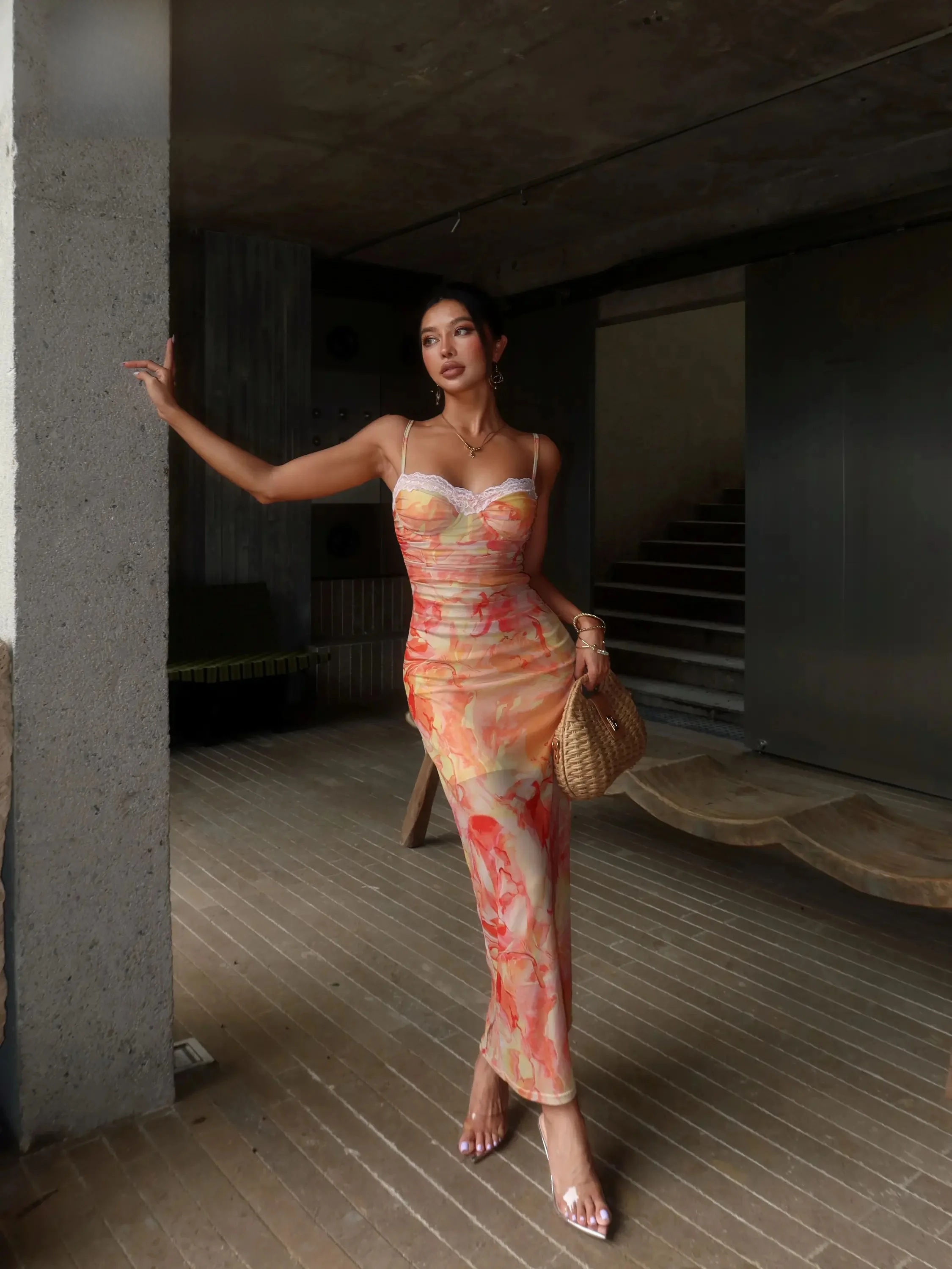 Detachable Chest Pad Long Lace Dress with Fish Tail Design Orange Yellow Gradient Color Net Fabric Casual Style Women's Dress