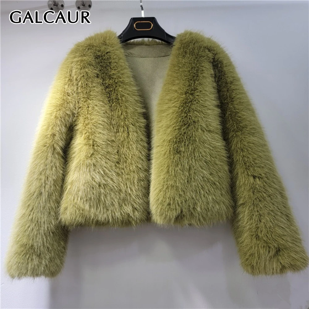 GALCAUR الأخضر تقسم الفراء أساسيات سترة الإناث الخامس الرقبة طويلة الأكمام فضفاضة الكورية سترات نسائية غير رسمية الخريف نمط موضة جديدة