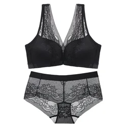 Plus Size Bra Set for Women Lace Wireless Bra Front Open Lingerie Set Elegant Push Up Gathering Underwear  Brief Set