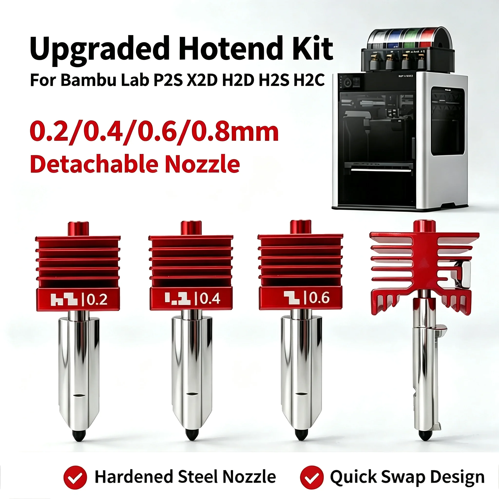 Upgraded Hotend Kit For Bambu Lab P2S、X2D H2D H2S H2C 0.2/0.4/0.6/0.8mm Detachable Nozzle Hot End For Bambulab P2S 3D Printer ..