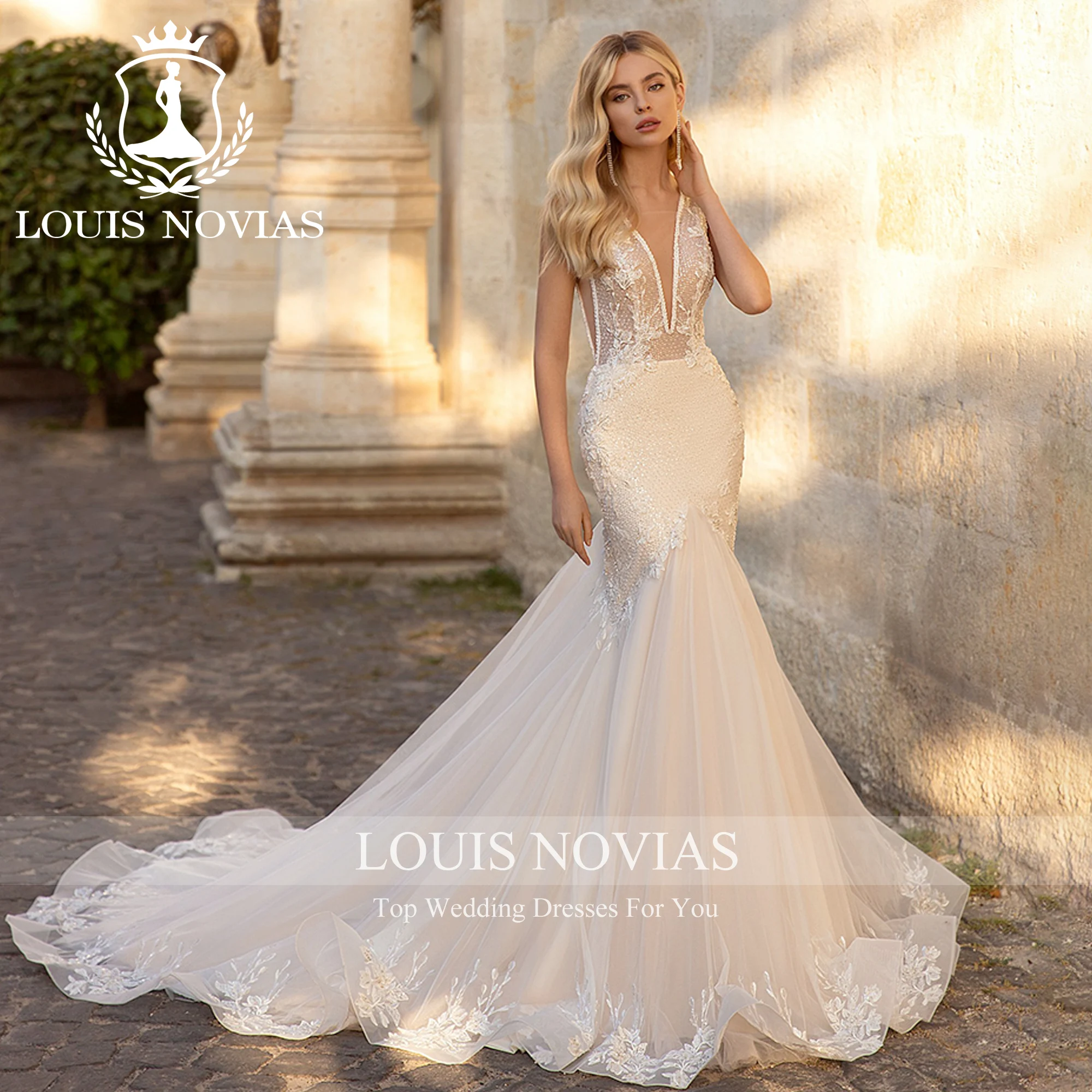 LOUIS NOVIAS 인어 웨딩 원피스, 딥 브이넥 아플리케 구슬 장식, 반투명 매력적인 웨딩 가운, 2023