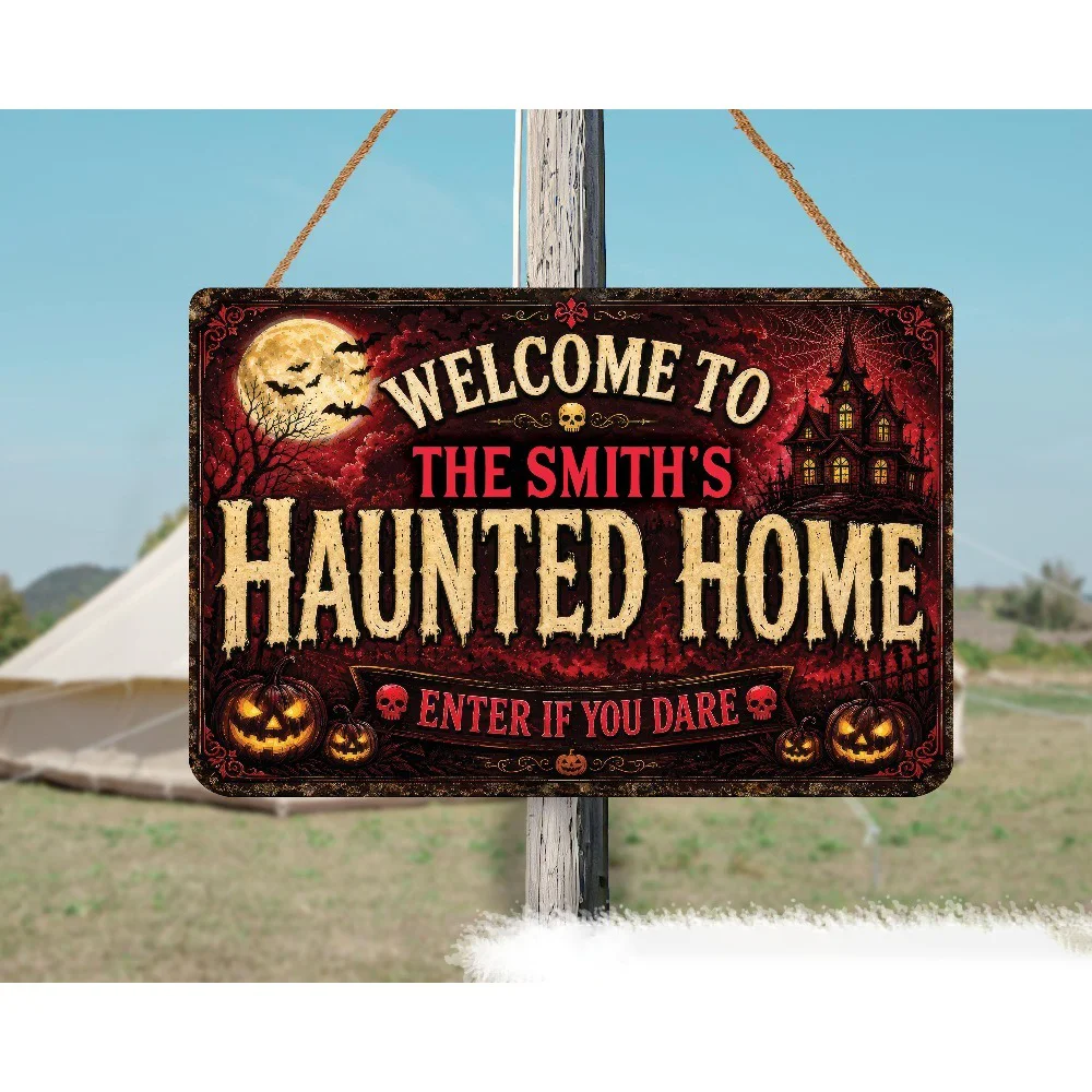 CIFbuy [2D Flat] Custom 20x30cm Wine‑Red Metal Plaque, Personalized Family Name Halloween Wall Ornament (Only For Decoration)