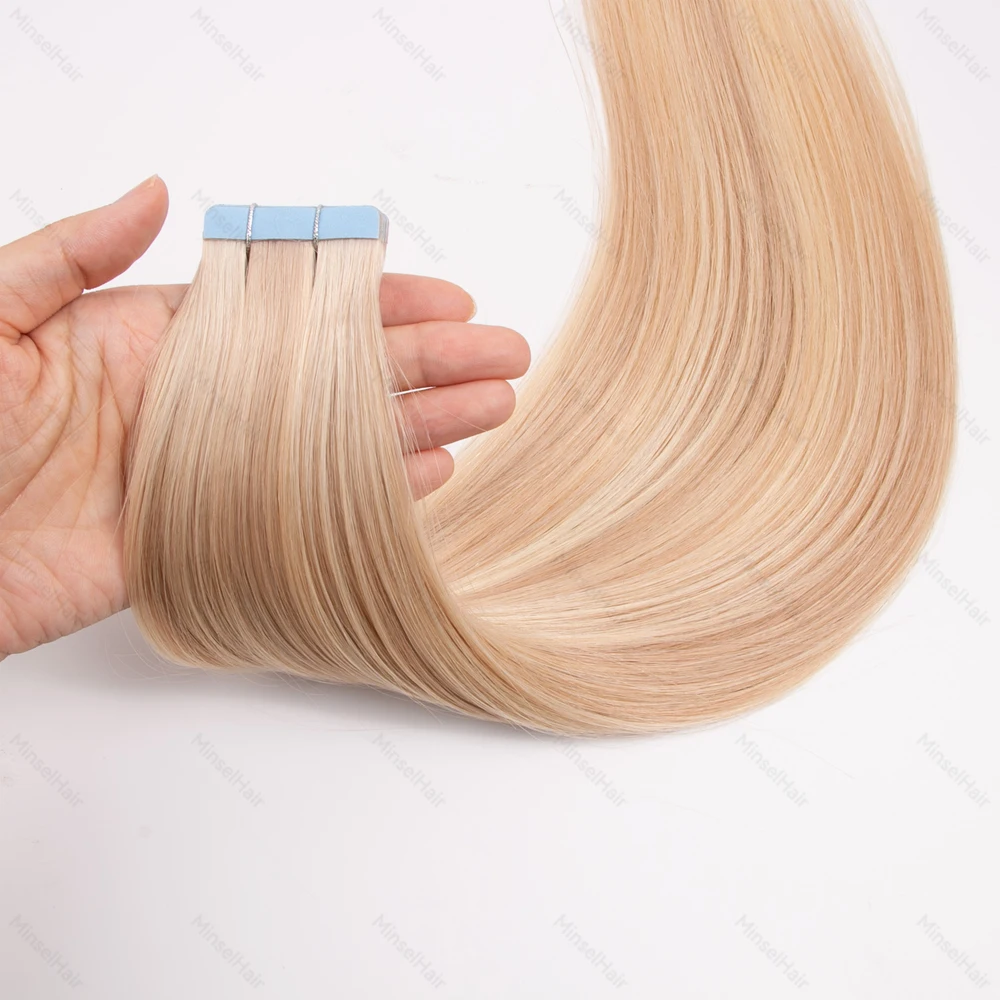 P18/60 ブロンドテープイン 20 ピース/パックヘアエクステンション人毛 100% レミーナチュラルスキン横糸防水 14-22 インチ 40/50 グラム