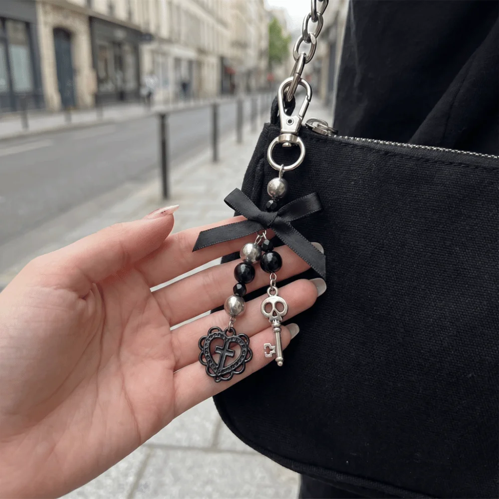 Alloy Halloween Beaded Charm Black Bow Ghost Witch Skull Key Chain Pentagram Star Multi-Style Cross Key Ring