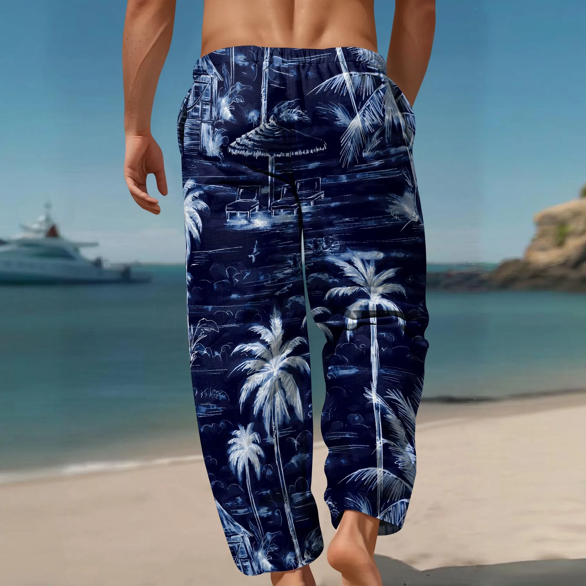 YEAE Palm Tree Beach Print Broek voor Heren Zomer Casual Losse Broek met Trekkoord