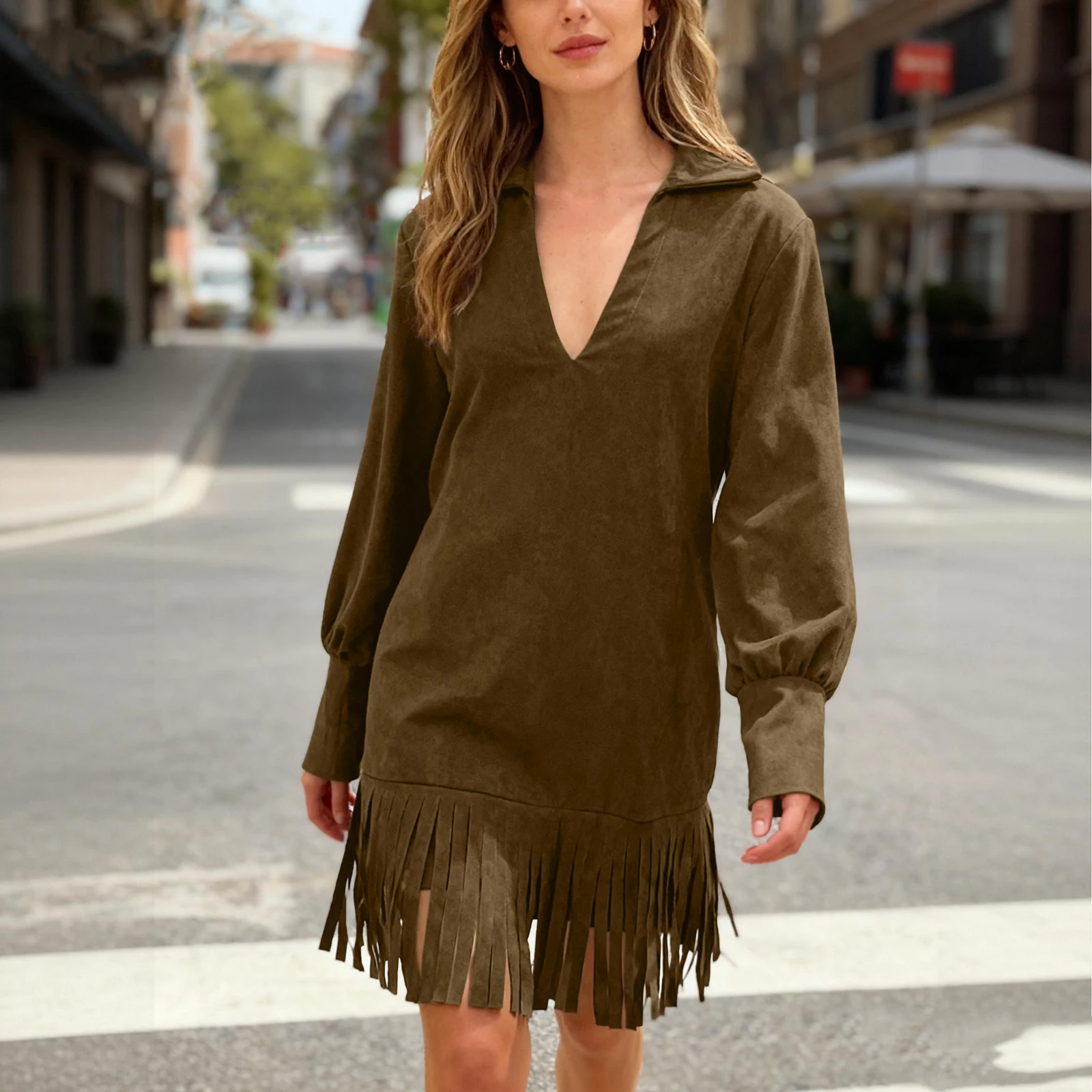 Robes femmes Mini robes Olive daim col frange manches bouffantes robes décontracté quotidien 2026 à la mode élégant tenue Vestido