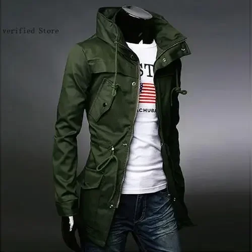 Spring Autumn Classic Trench Coat Outerwear Cargo Long Sleeve Jacket Windbreakers Men