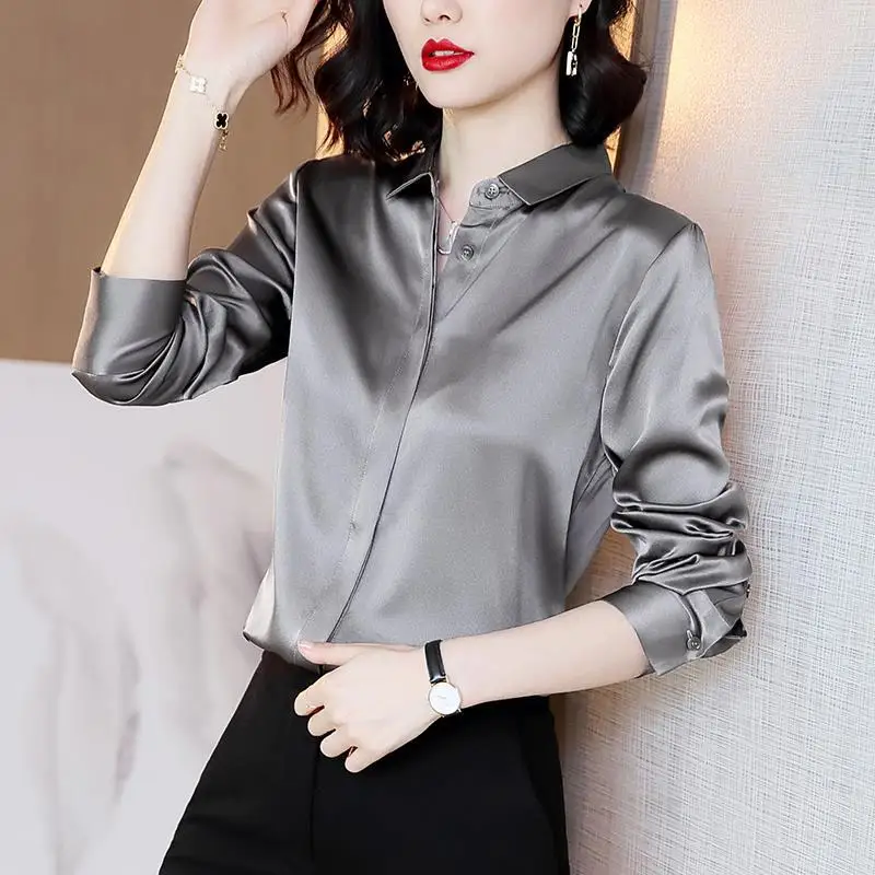 Elegant Solid Color Lapel Long Sleeve Oversized Satin Button Shirt 2022 Autumn New Casual Women\'s Clothing Office Lady Blouses