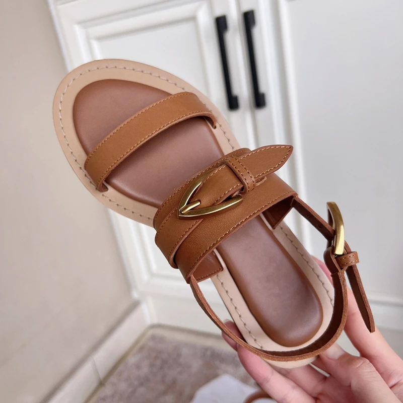 2024 Summer Sandals Women Shoes New Fashion Ladies Cowhide Sandal Retro Handmade Genuine Leather Flats Sandalias Femininas