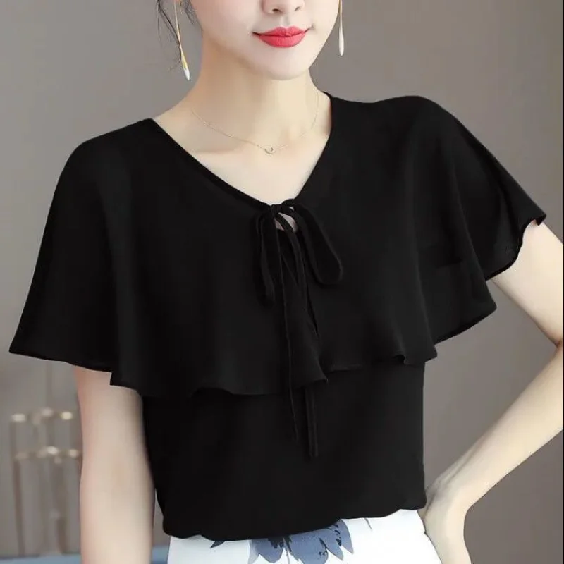 Temperament Thin Chiffon Blouse Summer New Short Sleeve V Neck Solid Lacing Patchwork Shirt Tops Office Casual Women Clothing