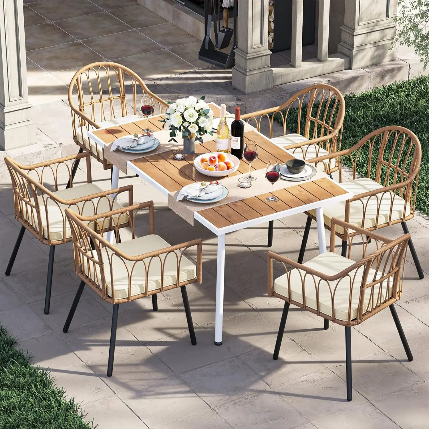 8 Pieces Outdoor Patio Dining Set with Wicker Patio Dining Chair, Backless Bench & Table with Umbrella Hole, Garden Dining