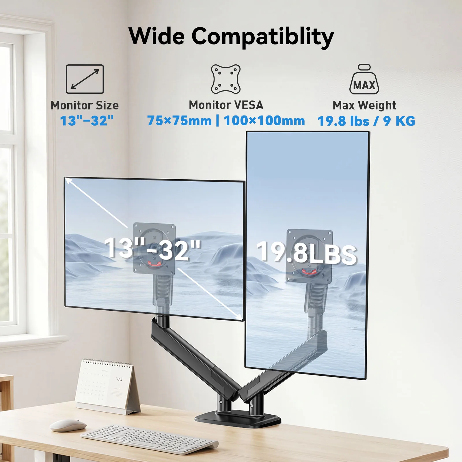 Dual Monitor Desk Mount with MechaSpring Structure, ACA Approved Ergonomic Monitor Arm, Precision View Visual Tension Control, No-Tool Installation Monitor Holder Fit Wooden Desk 0.59-3.54 Inch Thick