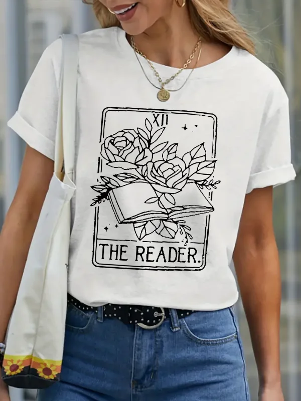 

New Popular Shcool Stytle Women T-shirt Vintage Rose Book Print Female Reader Shirt Voguish Hot Sale Librarian Lover Girl Tee