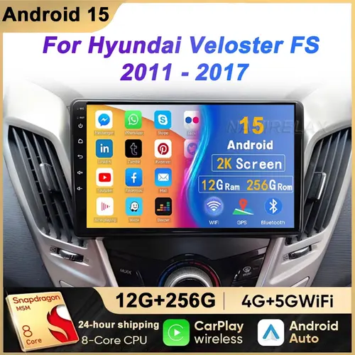 Imagen 1 del producto Reproductor de vídeo Multimedia de Radio estéreo para coche para Hyundai Veloster FS 2011 - 2017 GPS inalámbrico Carplay Android15 Auto 2 Din unidad principal