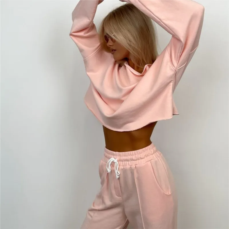 2025 Mode Straatsport Dames Herfstset Casual Effen Kleur Lange mouwen Losse top Hoge taille Wijde pijpen Broek Tweedelige set