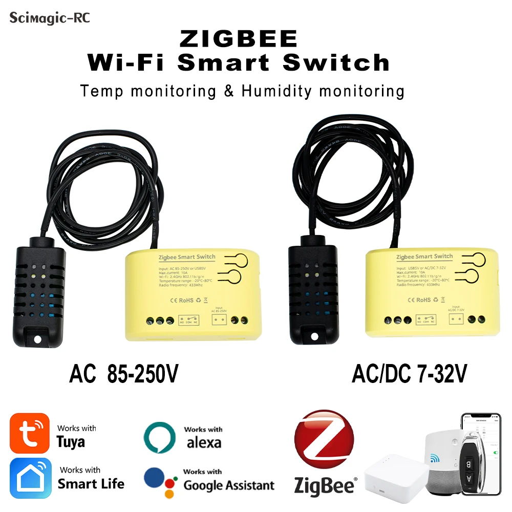 Zigbee sensor de monitoramento de temperatura e umidade ac DC7-32V 5-250v tuya módulo de interruptor inteligente 433 rf relé de controle remoto alexa