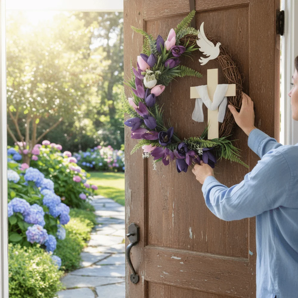 

Faux Flowers Easter Tulip Cross Wreath Artificial Handmade Rattan Ring Garland Colorful Design Front Gate Wreath Party Decor