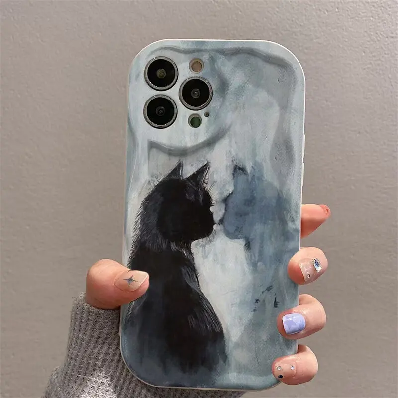 Cute Black Cat Phone Case for OPPO A17 A18 A16 A15 A38 A53 A9 A5 2020 A60 A55 A54 A57 A77 A96 A52 A92 A94 Cream Wavy Edge Cover