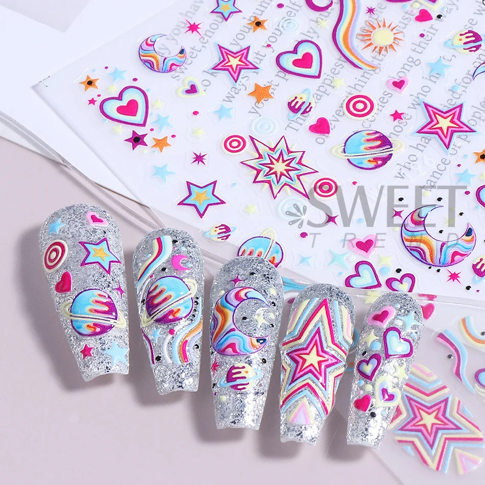 2 Stück Y2K Bunte Planeten-Stern-Herz-Nagelaufkleber Regenbogen-Mond-Galaxie Selbstklebende Nagelsticker DIY Maniküre-Dekoration Slider – Detail 6