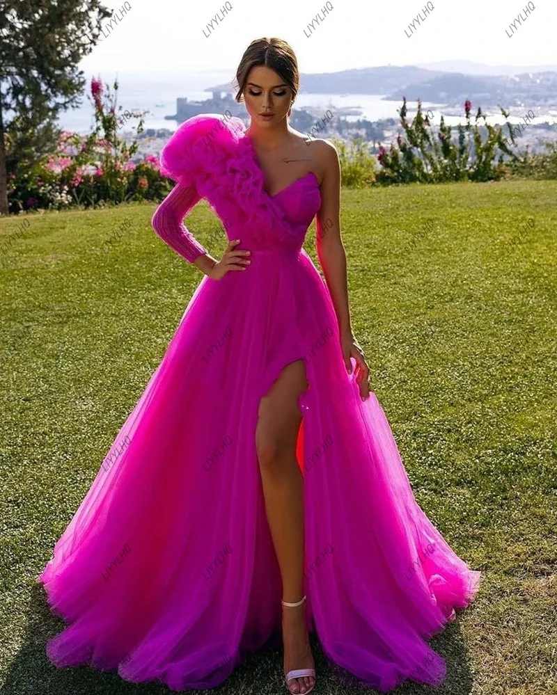 

Exquisite Fuchsia Pink Evening Dresses Vintage One Sleeve Puff V-neck Side Split Organza Arabic Dubai Formal Party Dresses