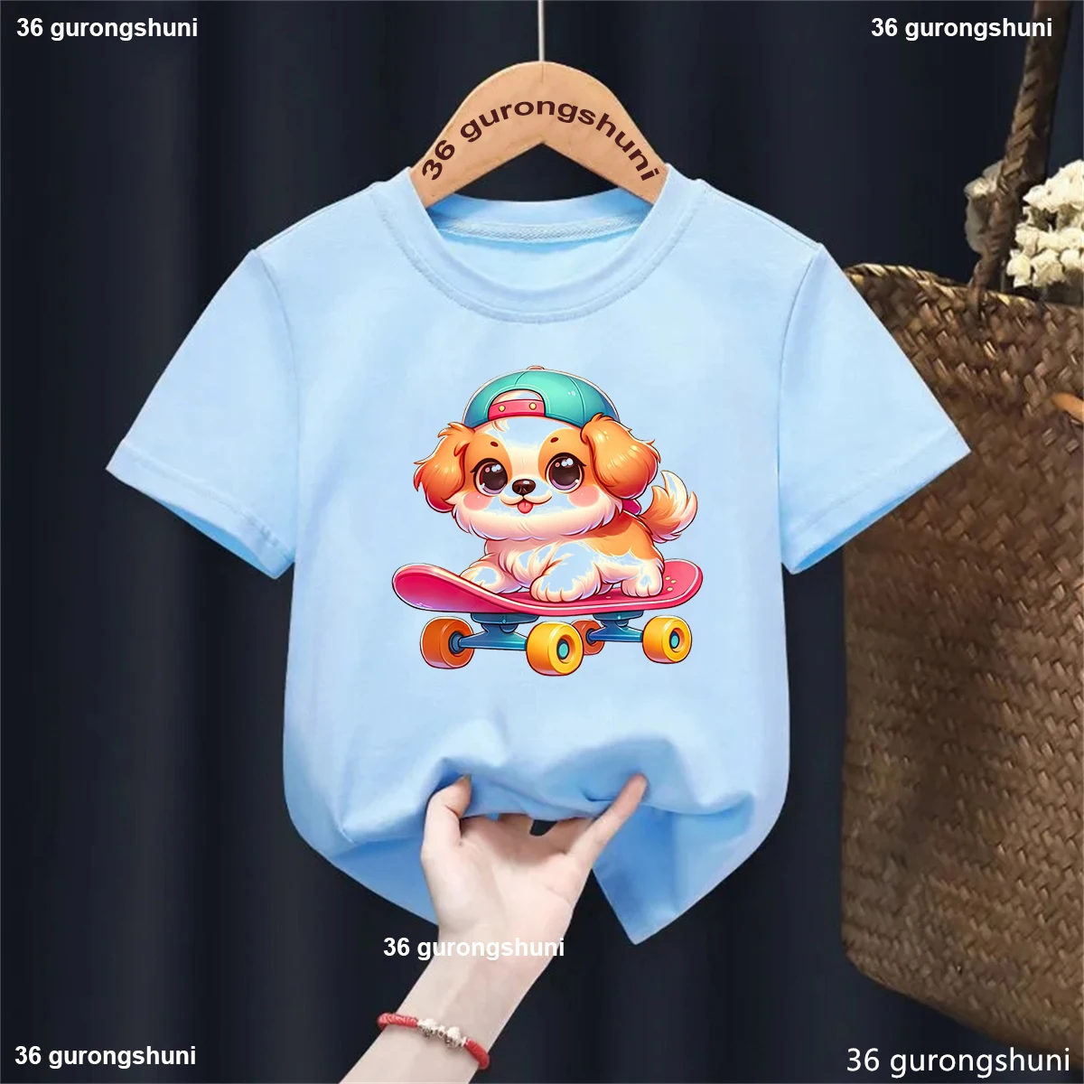 Funny Cute Corgi Skateboarding Printed Tshirt Girls/Boys Kawaii Kids Clothes Summer Fashion Solid T-Shirt 3-13 Years T-Shirt