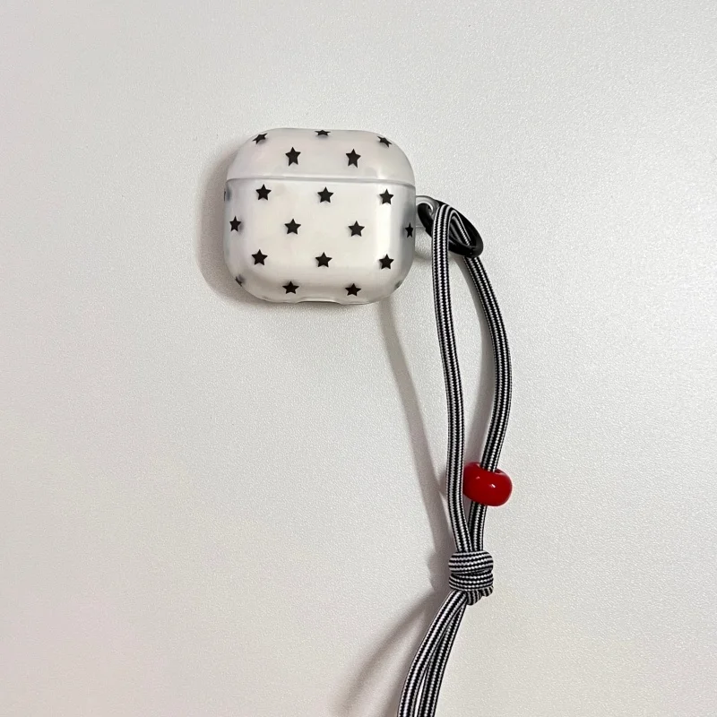 White Matte Black Stars Pattern Earphone Cover Case with Lanyard Keyring For Airpods Pro, Pro2, Pro3, 1, 2, 3, 4, Anti-fall