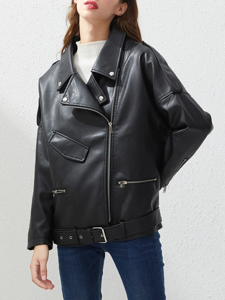 Ailegogo Spring Autumn Women Loose Black Pu Faux Leather Jacket Streetwear Motorcyle Biker Female Belt Zipper Coat Outwear