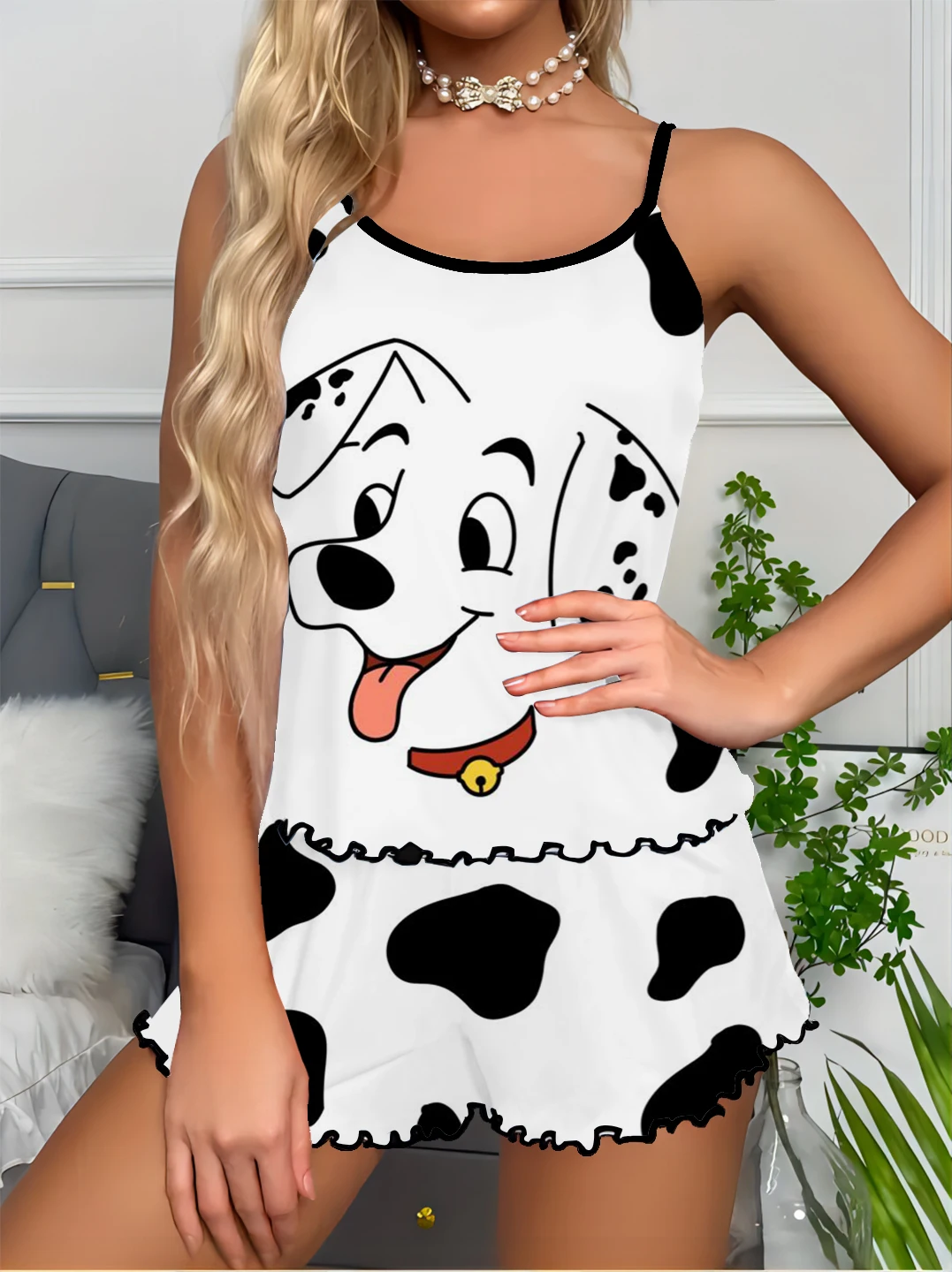 

Ladies Summer New Two-piece Disney Dalmatian Printed Suspender Round Neck T-shirt Casual Short Ladies Comfortable Home Clothing