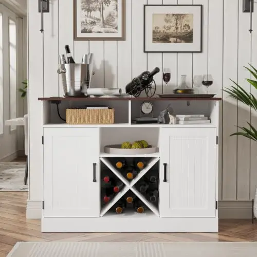 Farmhouse Coffee Bar Cabinet with Prower Outlets, Rustic Liquor Cabinet with Wine Rack, Wooden Wine Cabinet for Dining image 3
