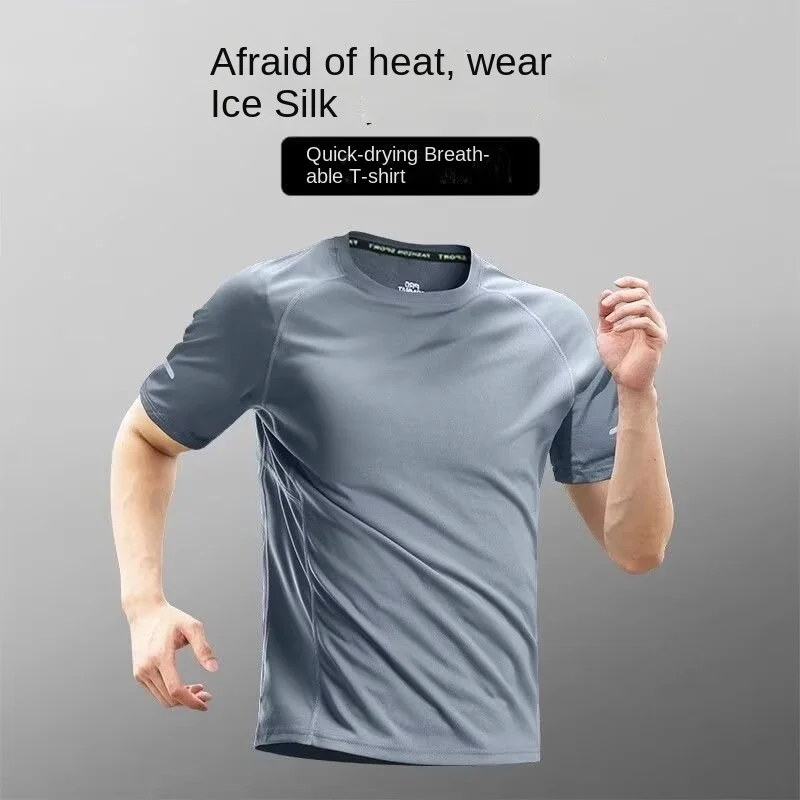 Schnelltrocknendes T-Shirt für Herren aus Eisseide, sommerlich kühl, dünn, Sportkleidung, Kurzarm, Fitnesskleidung, Trainingskleidung, Laufkleidung