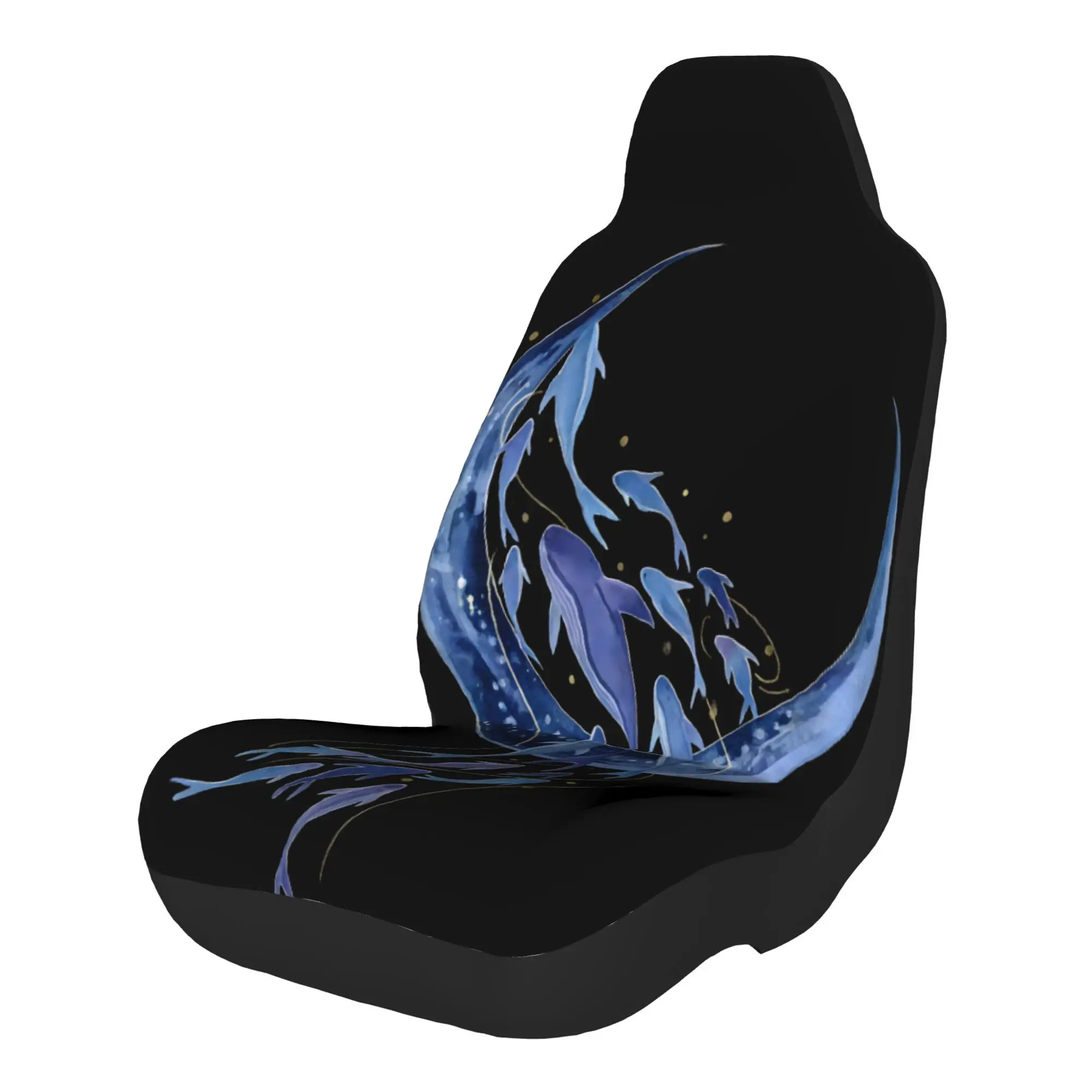 Set Of 2 Glowing Whale And Fish Designs Swimming In A Celestial Blue Environment With Golden Star Dust, Car Seat Covers By Gener
