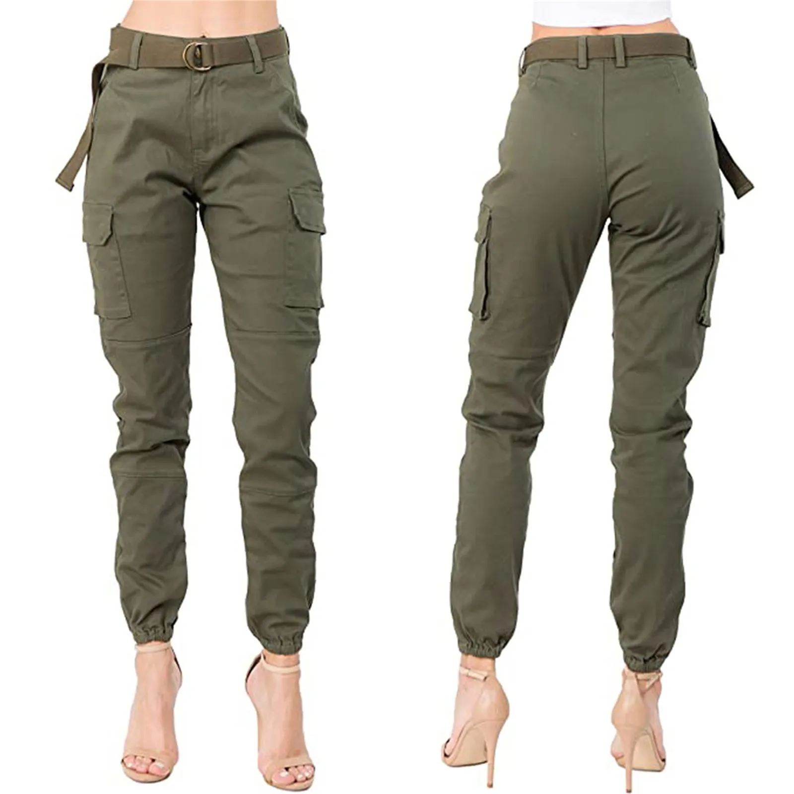 

2023 New Fashion Pants For Women High Waist Slim Fit Jogger Trousers Ladies Solid Color Cargo Pants With Matching Belt