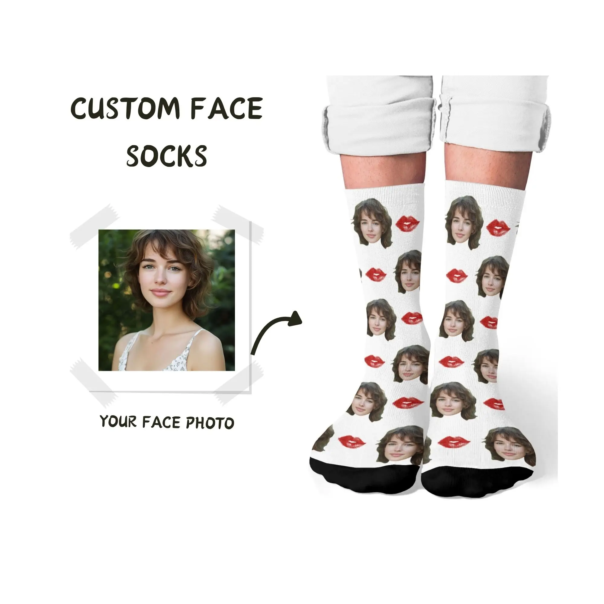 

Personalized Valentine’s Day Custom Compression Socks Face & Red Lips on White Romantic Present for Lovers Love Anniversary